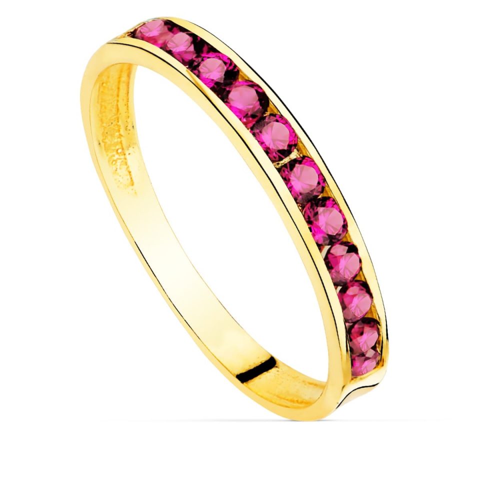 18K SORTIJA ORO AMARILLO CIRCONITAS ROJAS. ANCHO CUERPO 2.5 MM