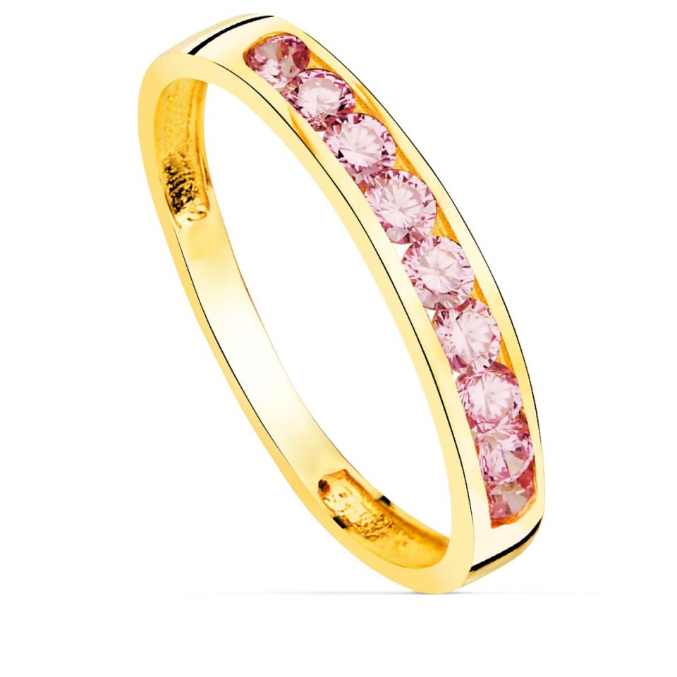 18K SORTIJA ORO AMARILLO 9 CIRCONITAS ROSAS. ANCHO CUERPO 3.5 MM