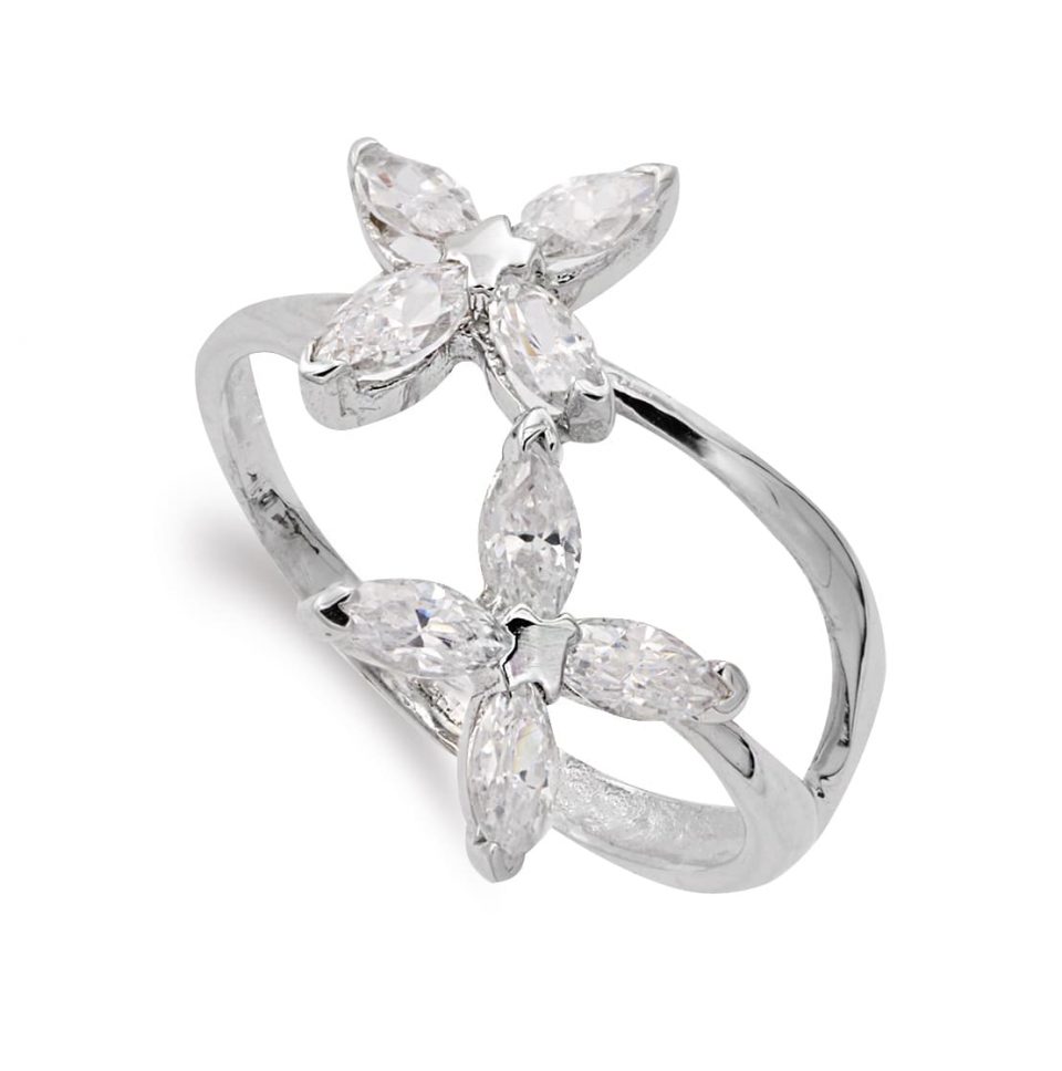 18K SORTIJA ORO BLANCO CON FLORES DE CIRCONITAS