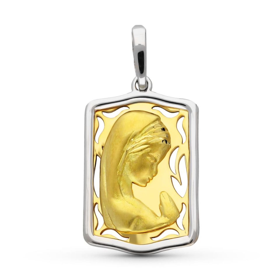 18K MEDALLA ORO BICOLOR VIRGEN NIÑA RECTANGULAR