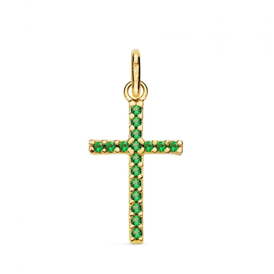 18K CRUZ ORO AMARILLO PIEDRAS VERDES 16X10 MM