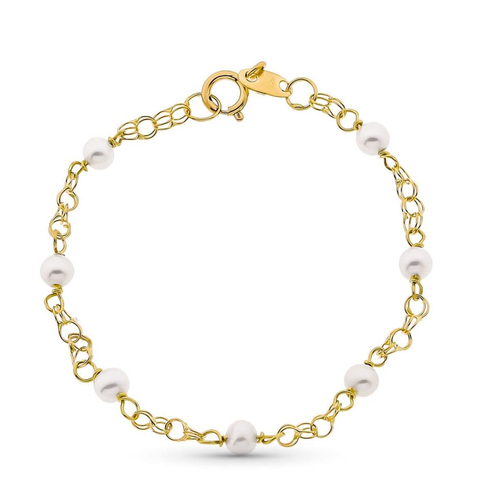 18K PULSERA ORO AMARILLO NIÑA PERLAS 3 MM Y CADENA HÚNGARA LONGITUD 12 CM