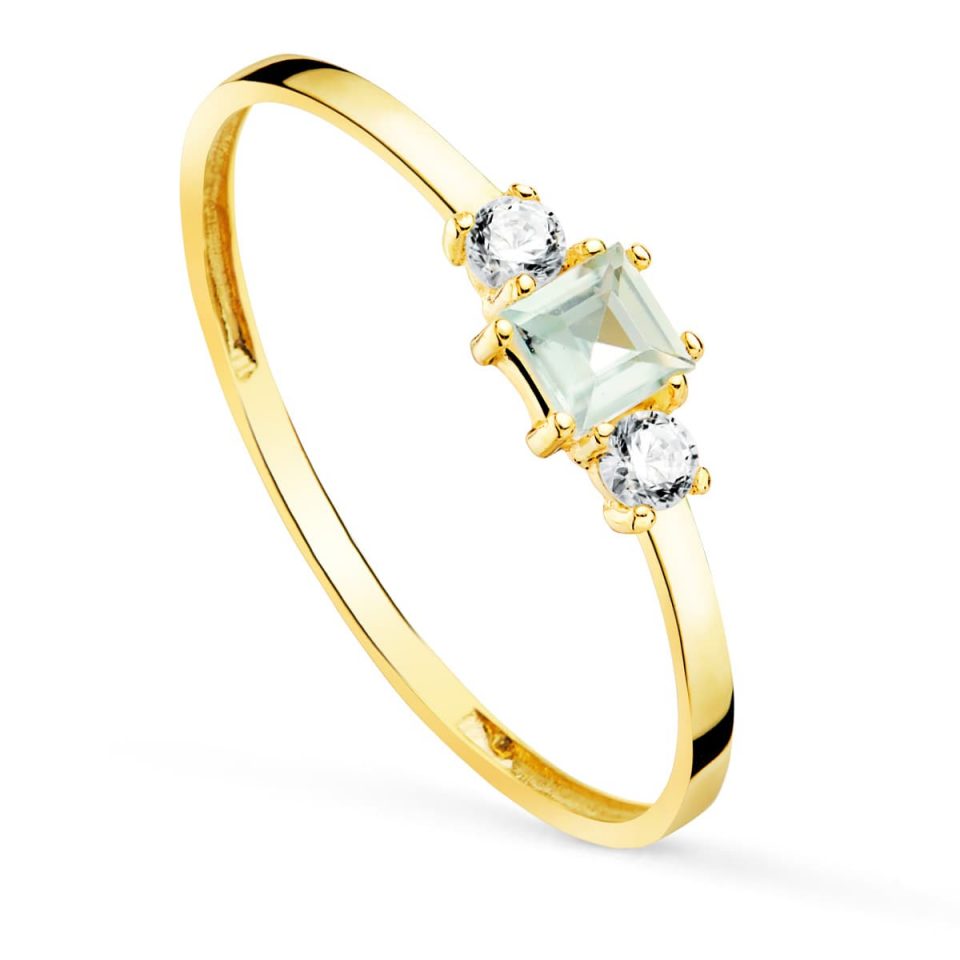 18K SORTIJA ORO AMARILLO PIEDRA AGUAMARINA Y CIRCONITAS ANCHO CUERPO 1.5 MM