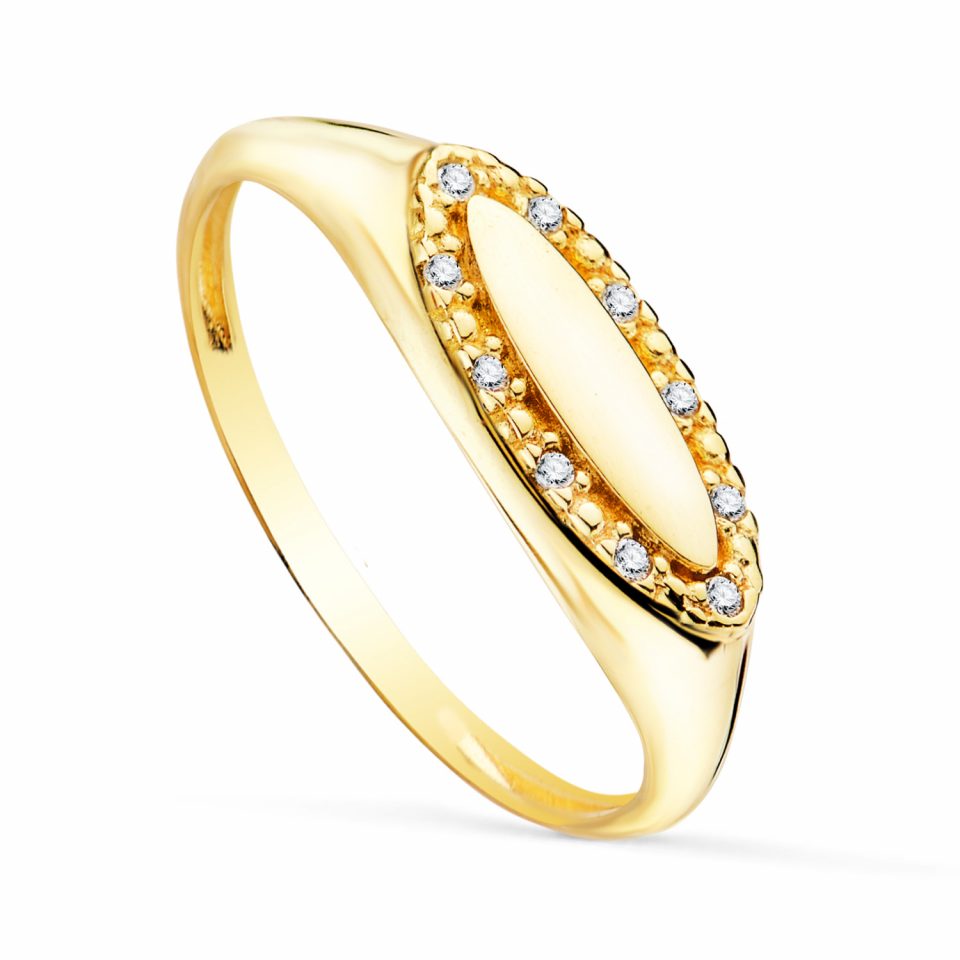 18K SORTIJA SELLO ORO AMARILLO BRILLO CABEZA OVAL ALARGADA CON CIRCONITAS 14 X 6 MM.