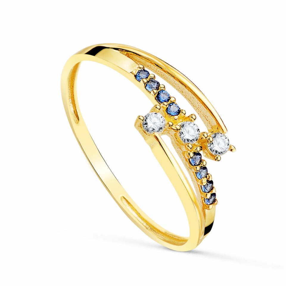 18K SORTIJA ORO AMARILLO CON CIRCONITAS AZULES Y BLANCAS. ANCHO: 6MM