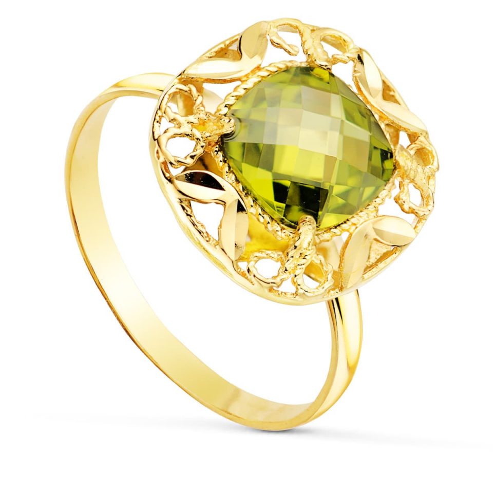18K SORTIJA ORO AMARILLO PIEDRA VERDE 8 MM CERCO CALADO