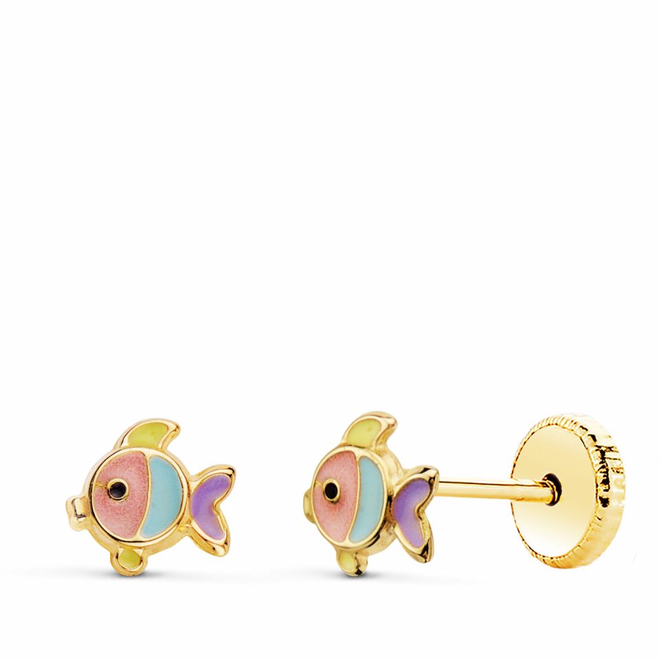 18K PENDIENTES ORO AMARILLO PECES ESMALTE COLORES 5.5 X 5 MM CIERRE TUERCA