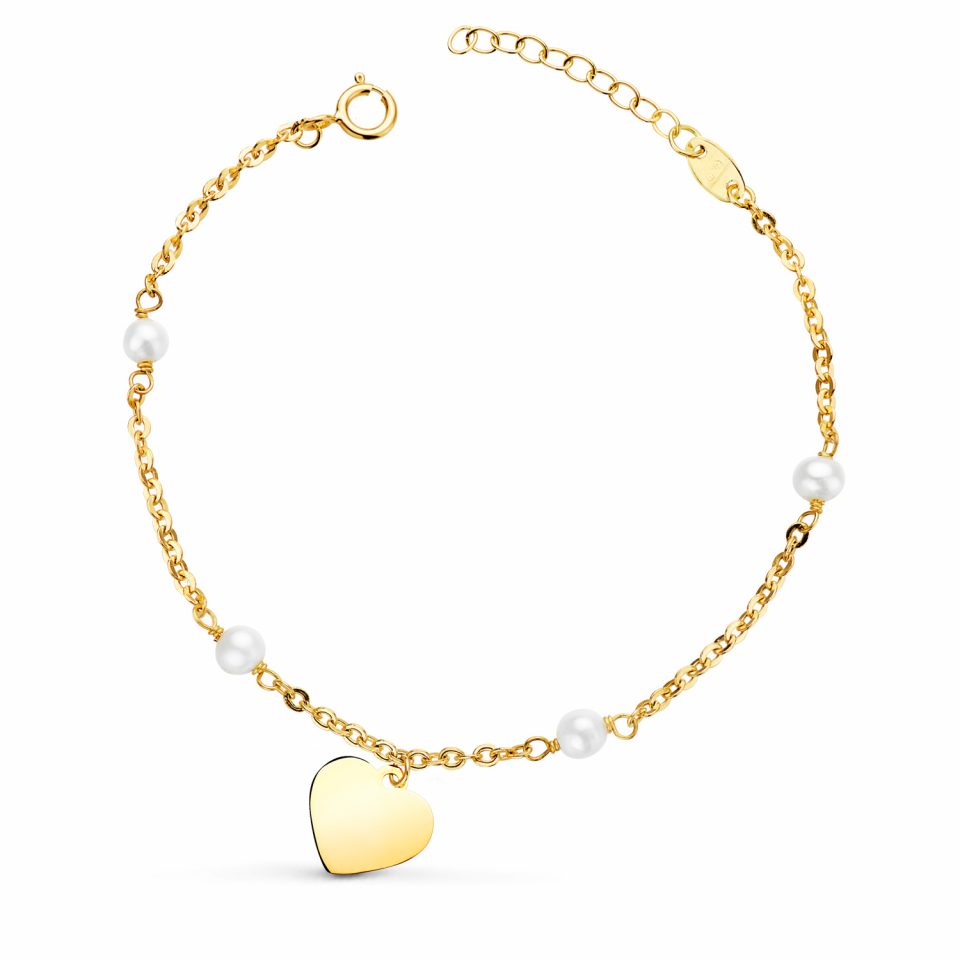 18K PULSERA ORO AMARILLO CON PERLAS 3.5MM Y CHAPA CORAZON 10MM. LARGO: 15+2CM