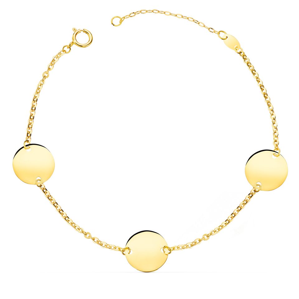 18K PULSERA ORO AMARILLO 3 DISCOS EN BRILLO REDONDOS DE 12 MM. LARGO: 18 + 3 CM