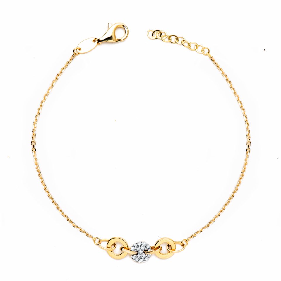18K PULSERA ORO BICOLOR CADENITA FORZADA Y MOTIVO CON CIRCONITAS ANCHO: 6 MM. LARGO: 19 CM