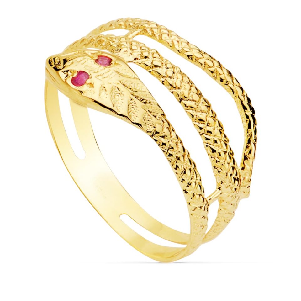 18K SORTIJA ORO AMARILLO SERPIENTE PIEDRA RUBI ANCHO 10 MM