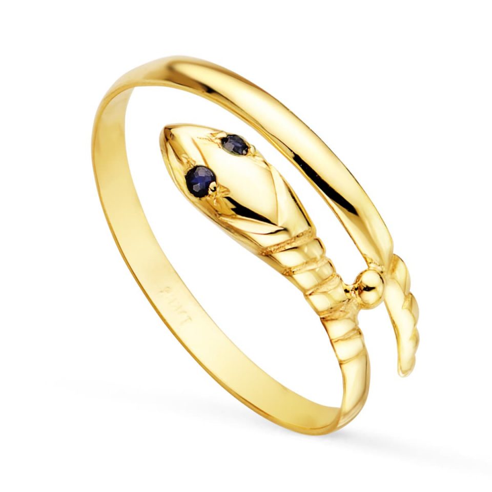 18K SORTIJA ORO AMARILLO SERPIENTE 1 VUELTA CON OJOS CIRCONITAS AZULES.