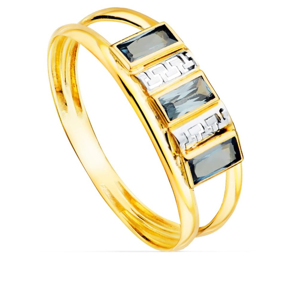 9K SORTIJA ORO BICOLOR TRES CIRCONITAS AGUAMARINA BAGUETTE. GRECAS ORO BLANCO