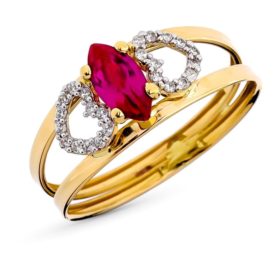 9K SORTIJA ORO AMARILLO PIEDRA ROJA MARQUIS Y CIRCONITAS ANCHO TOTAL 8 MM