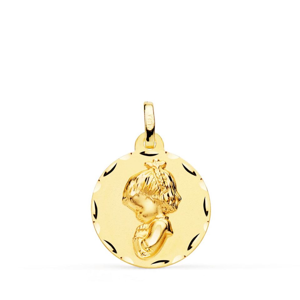 18K MEDALLA ORO AMARILLO VIRGEN NIÑA REZANDO TALLADA 18 MM